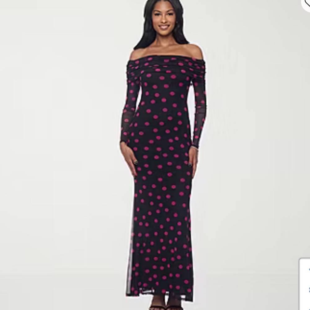 Premier Amour Off-Shoulder Black Maxi Dress with Pink Polka Dots Sz 14